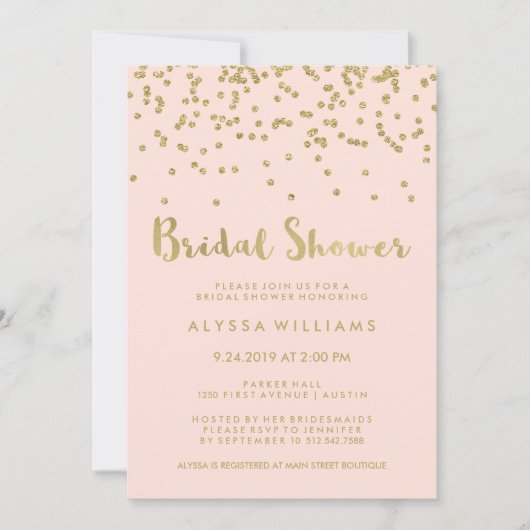 Invitation Glam Gold Confetti Fête des mariées sur Blush Pink (Devant)