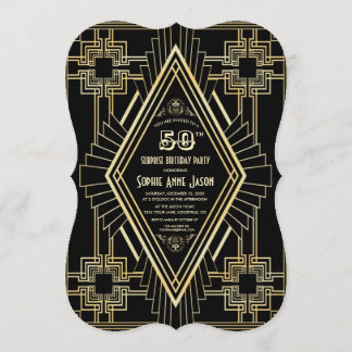 Invitation Glam Gold et Black Great Gatsby 50 fête d'annivers