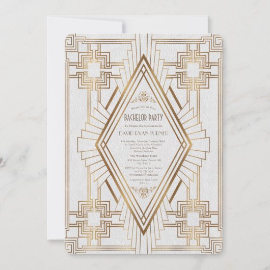 Invitation Glam Gold et Blanc Fête de Bachelor Great Gatsby (Devant)