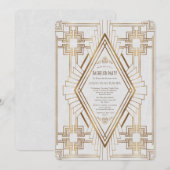 Invitation Glam Gold et Blanc Grande Fête de Bachelor Gatsby (Devant / Derrière)