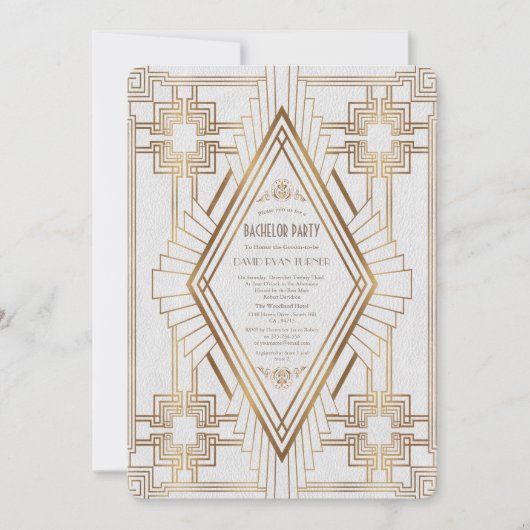 Invitation Glam Gold et Blanc Grande Fête de Bachelor Gatsby (Devant)