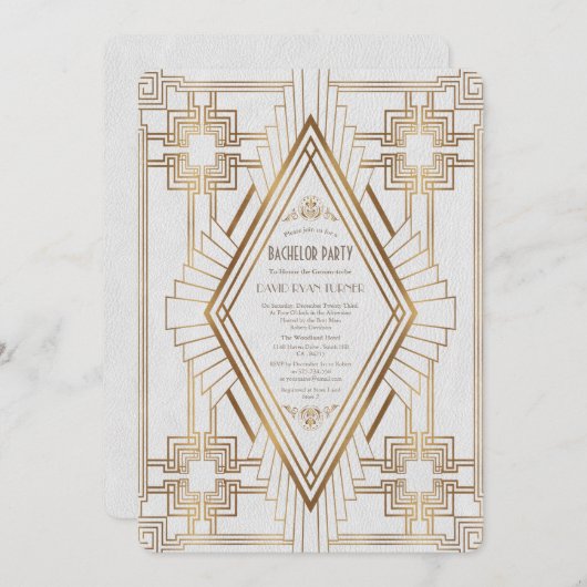 Invitation Glam Gold et White Great Gatsby Bachelor Party (Devant / Derrière)