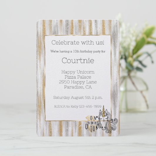 Invitation Glam Gold Glitzy Glitter Silver Unicorn Birthday (Debout devant)