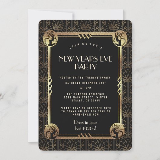 Invitation Glam Gold Great Gatsby 20's New Year's Eve Party (Devant)