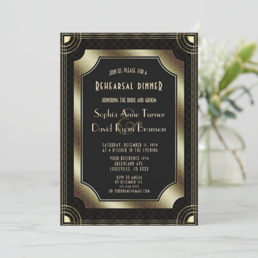 Invitation Glam Gold Great Gatsby Dîner de répétition Art Déc (Debout devant)