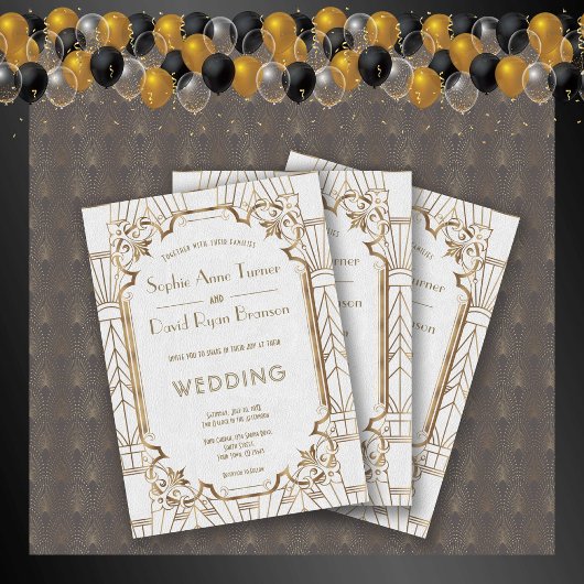 Invitation Glam Gold Great Gatsby White Art Déco Mariage des