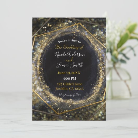Invitation Glam Gold Iridescente moderne Abstrait Mariage Gla (Debout devant)