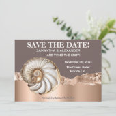 Invitation Glam Gold ivory Conch Shell Beach Save The Date (Debout devant)