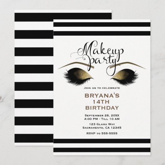 Invitation Glam Gold Maquillage Eyelashes Beauté Personnalisé (Devant / Derrière)