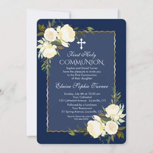 Invitation Glam Gold Marine Bleu Blanc Floral Première commun (Devant)