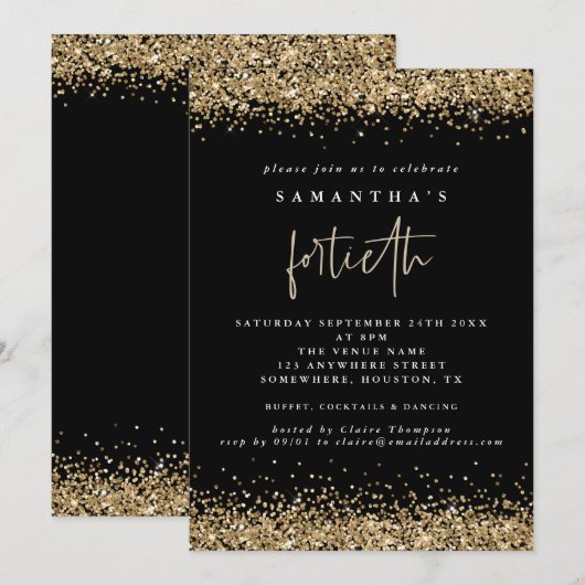 Invitation Glam Gold Pailletés Quarantième Fête Noir (Devant / Derrière)