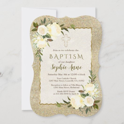 Invitation Glam Gold Parties scintillant Blanc Floral Invitat (Devant)