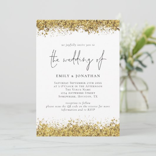Invitation Glam Gold Parties scintillant bordures Script QR C (Debout devant)