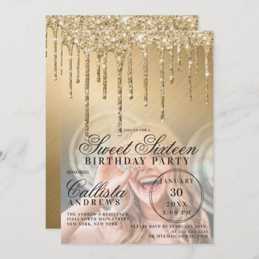 Invitation Glam Gold Parties scintillant métallique Drips Pho (Devant / Derrière)