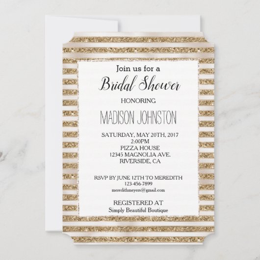 Invitation Glam Gold Parties scintillant perles rayures (Devant)