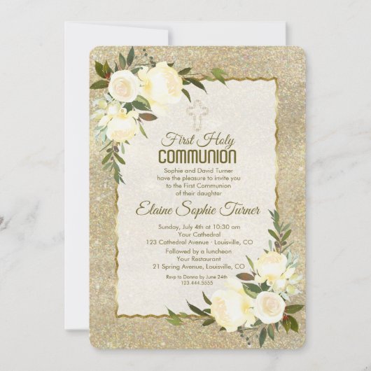 Invitation Glam Gold Parties scintillant Roses blanches Premi (Devant)