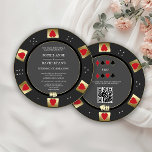 Invitation Glam Gold Poker Chip QR Code Casino Mariage<br><div class="desc">Carte de mariage à thème Las Vegas Casino. Il dispose d'un design de puces de poker unique orné de faux or, coeurs rouges avec un faux trait d'or, une paire de dés, pour une touche de luxe. Il conviendra parfaitement aux couples amateurs de jeux d'argent, de casinos ou de Vegas....</div>