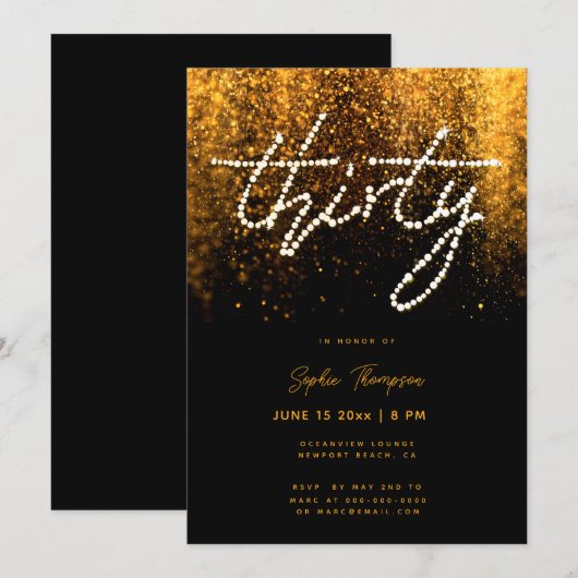 Invitation Glam Gold Rhinestones Calligraphie 30e anniversair (Devant / Derrière)