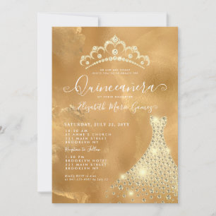 Invitation Glam Gold Sparkle Diamond Tiara Robe Quinceanera