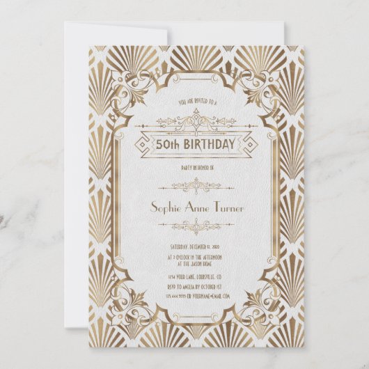 Invitation Glam Gold White Art Déco Gatsby 50e anniversaire (Devant)