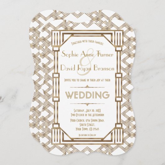 Invitation Glam Gold White Great Gatsby 1920 Mariage (Devant / Derrière)