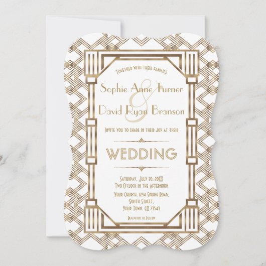 Invitation Glam Gold White Great Gatsby 1920 Mariage (Devant)