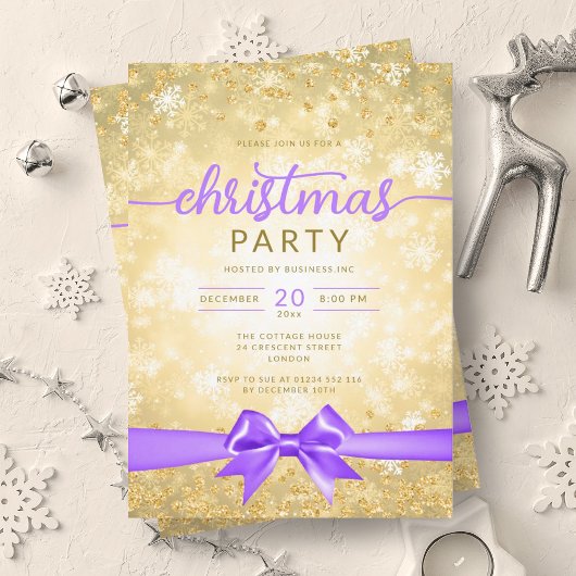 Invitation Glam Gold Winter Snowflake Company Purple Ribbon