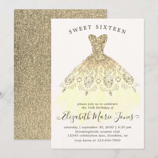 Invitation Glam Gold Yellow Sparkle robe sucré 16e anniversai (Devant / Derrière)