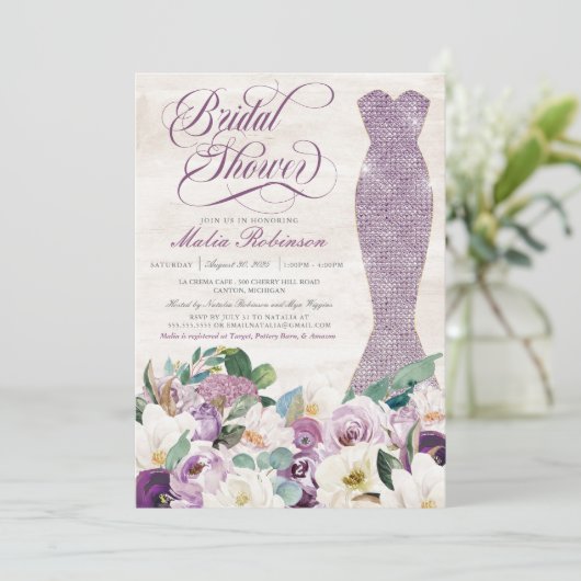 Invitation Glam Gown Rustic Floral Lavender Fête des mariées (Debout devant)