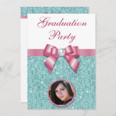 Invitation Glam Graduation Party Bow Diamonds Ajouter votre p (Devant / Derrière)
