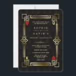 Invitation Glam Great Gatsby Casino Poker Las Vegas Mariage<br><div class="desc">Casino Royale et Great Gatsby design de carte à thème. Il présente un style art déco doré vintage, un cadre en faux or hollywoodien des années 1920, des coeurs rouges, Q et K sur deux coins (simulant des cartes à jouer), sur un arrière - plan motif Art déco noir or....</div>