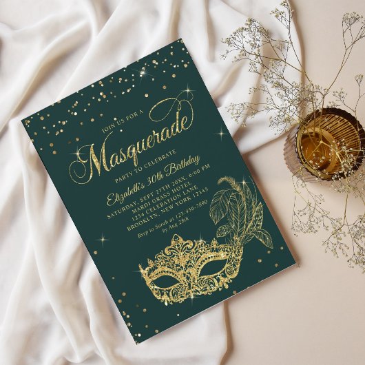 Invitation Glam Green Gold Parties scintillant Masquerade ann