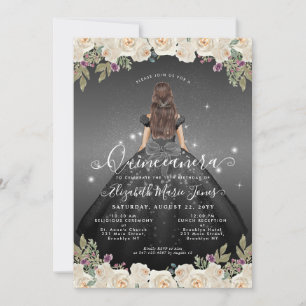 Invitation Glam gris argent noir floral princesse Quinceanera