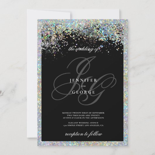 Invitation Glam holographique argent parties scintillant init (Devant)