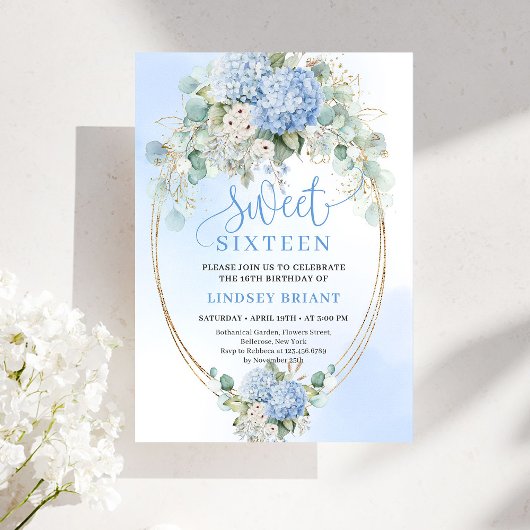 Invitation Glam Hydrangea Bleu Pailleté Or 16e Anniversaire 