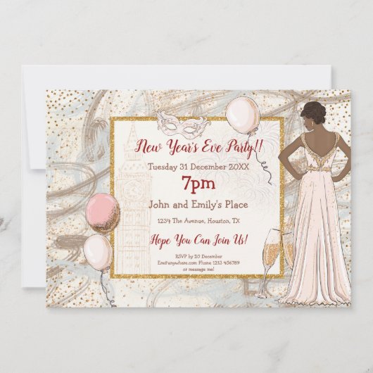 Invitation Glam Lady Gold Confetti Champagne du Nouvel An (Devant)