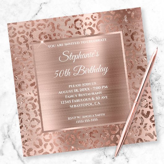 Invitation Glam léopard rose Gold Foil 50e anniversaire