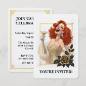 Invitation Glam Luxe Party Glamour Diva in Gold Personalize (Devant / Derrière)