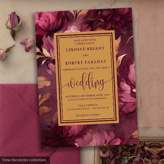 Invitation Glam Luxury Maroon Blush Gold Floral Mariage