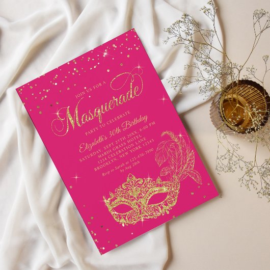 Invitation Glam Magenta Parties scintillant rose or Masquerad