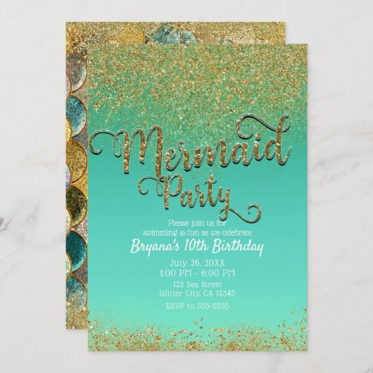 Invitation Glam Mermaid Party Gold Parties scintillant et ann (Devant / Derrière)