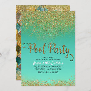 Invitation Glam Mermaid Pool Parties scintillant d'or Turquoi