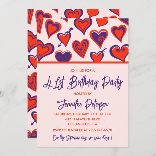 Invitation Glam moderne Coeur rose rouge 41e anniversaire (Devant / Derrière)