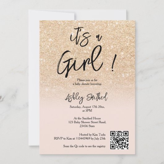 Invitation Glam moderne Parties scintillant or rose Ombre Gir (Devant)