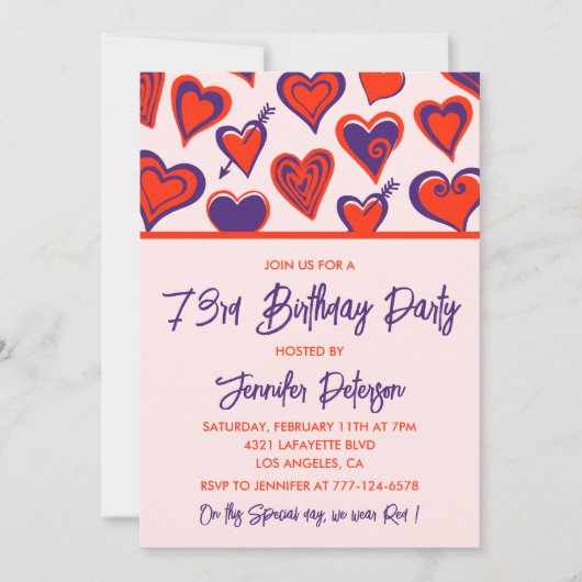 Invitation Glam moderne Red Purple Hearts 73e anniversaire (Devant)