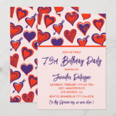 Invitation Glam moderne Red Purple Hearts 73e anniversaire (Devant / Derrière)
