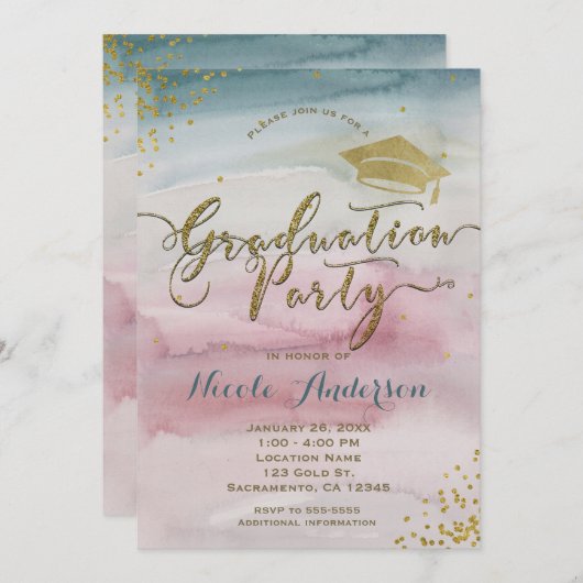 Invitation Glam moderne Watercolor & Gold Dot GRADUATION Part (Devant / Derrière)