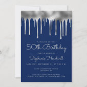 Invitation Glam Navy Blue Silver Dripping Foil 50e anniversai (Devant)