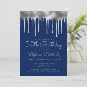 Invitation Glam Navy Blue Silver Dripping Foil 50e anniversai (Debout devant)