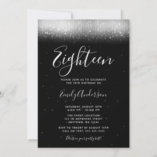 Invitation Glam noir et blanc 18e anniversaire (Devant)